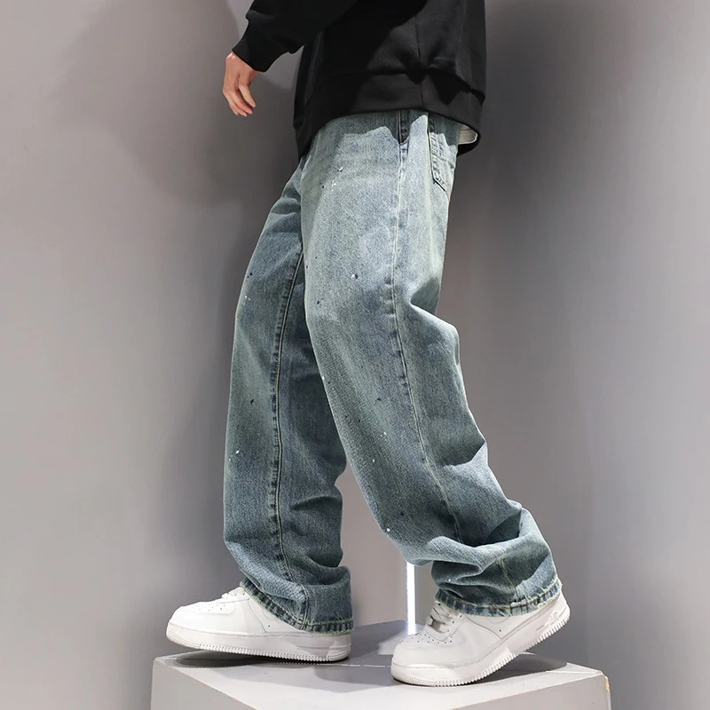 有术国潮墨点设计直筒水洗牛仔裤春秋男款时尚流行阔腿高端长裤