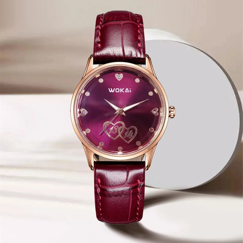 2025新款1314一生一世礼物简约休闲石英酒红皮带女表