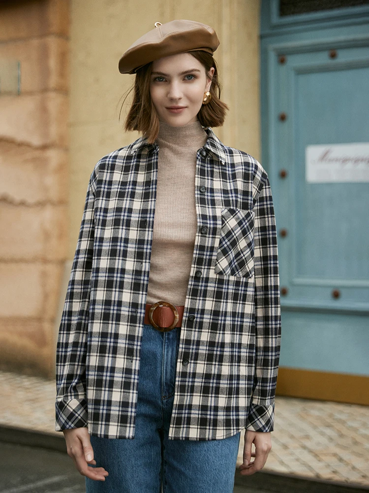 GIRDEAR/哥弟真的好2023经典学院风减龄格纹翻领长袖衬衫A301103