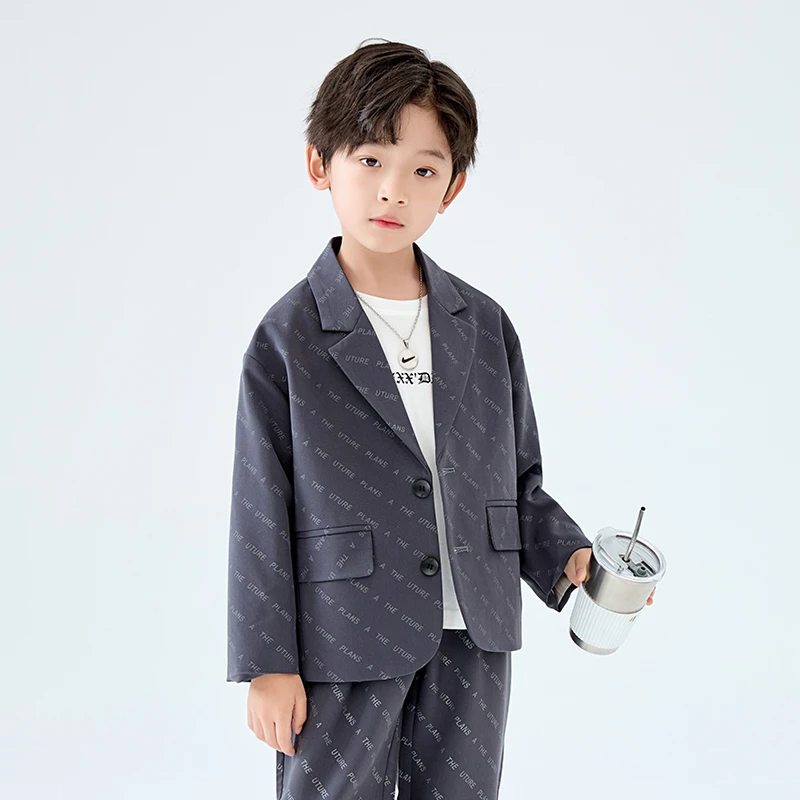 罗蒙男童西装套装英伦儿童休闲小西服帅气花童2024新款中大童宽松