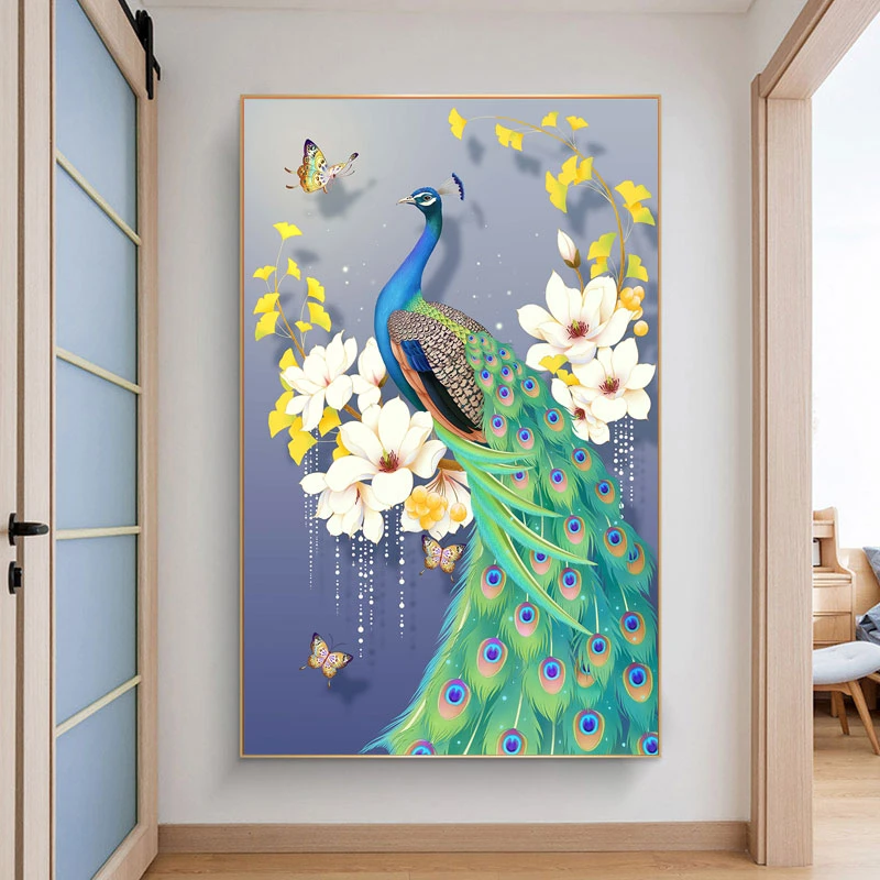 2024新款带框满钻钻石画diy玄关客厅孔雀十字绣点贴钻手工砖石绣