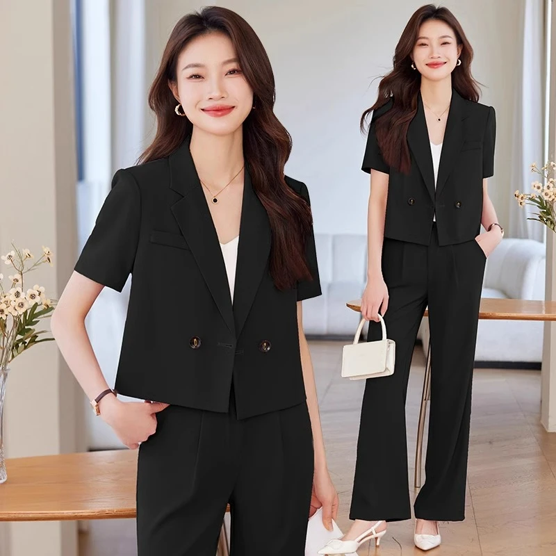 黑色短袖夏天套装西装上衣女新款夏季薄款小个子职业时尚短款外套