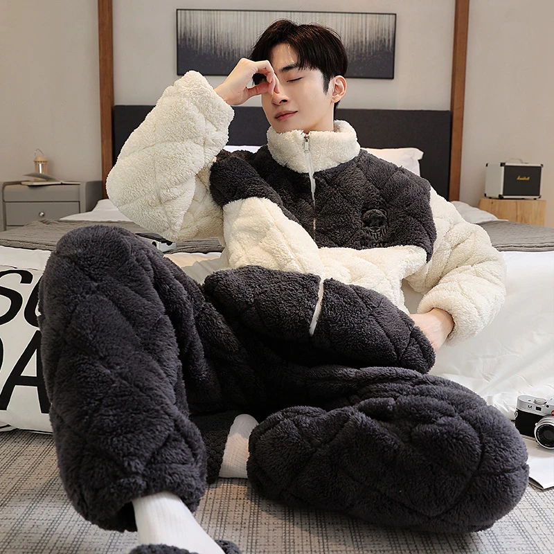 睡衣男冬季三层夹棉宽松保暖加绒加厚拉链立领男士卡通家居服套装