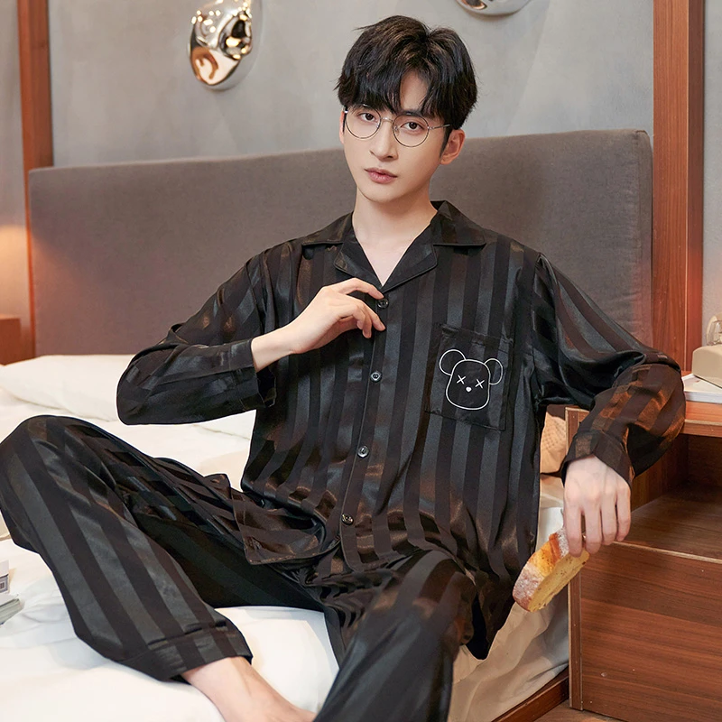 睡衣男春秋季2024年新款冰丝薄款长袖长裤男士加大长款家居服套装
