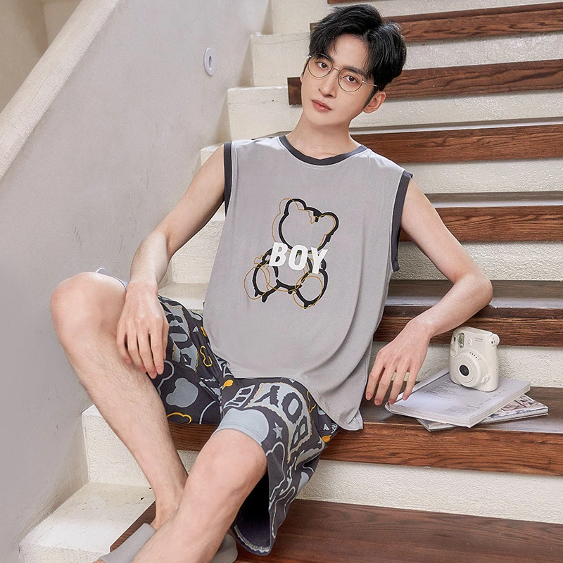 【莫代尔】睡衣男2023年新款夏季背心短裤薄款男士加大家居服套装