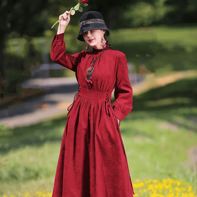 【古熹】1082#优雅民族风a字连衣裙春秋装文艺复古女装显瘦气质长裙