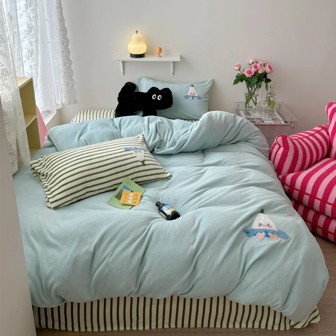 小玲子 萝卜蹲 韩系毛巾绣牛奶绒三件套四件套 简约加厚加绒绒被