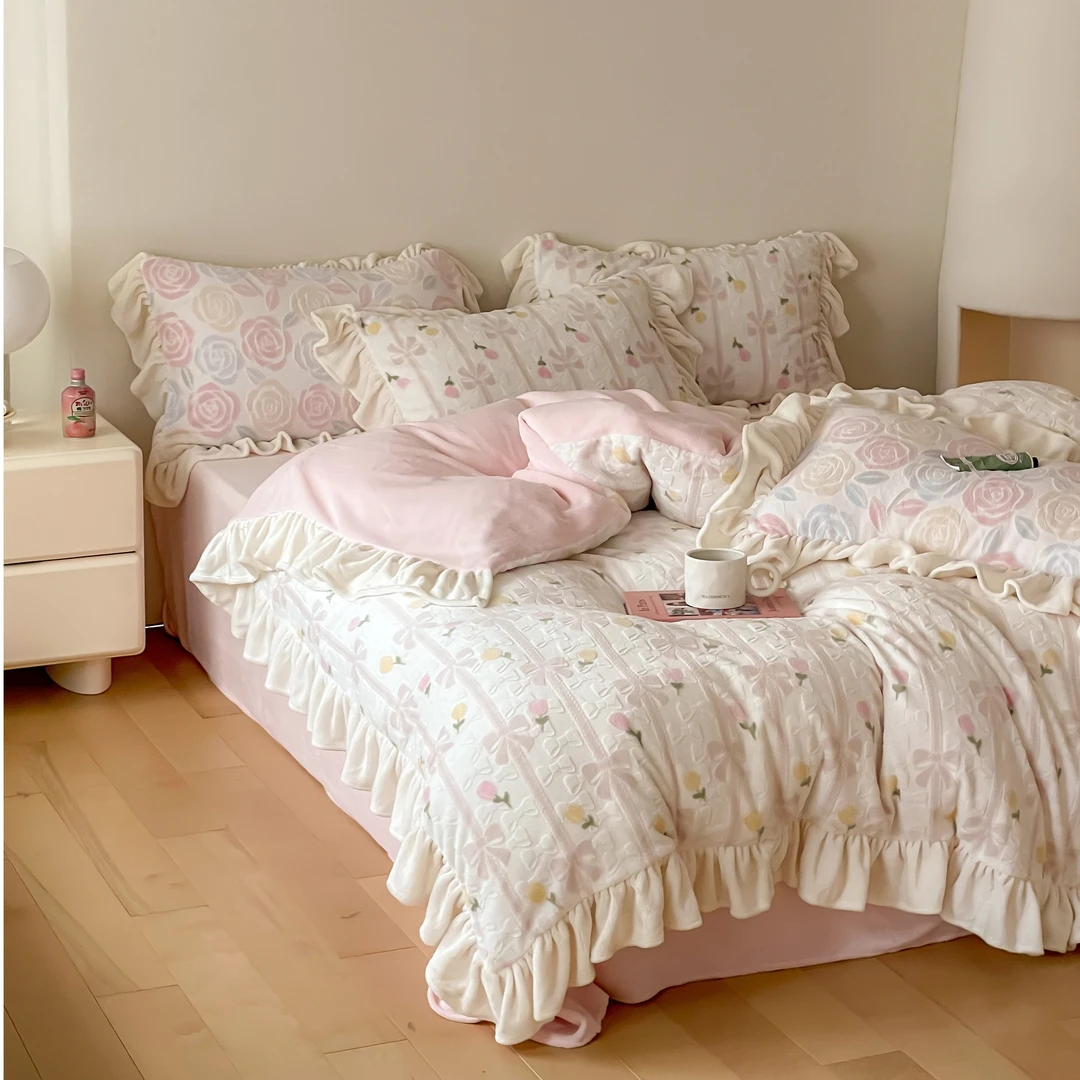 小玲子 爱丽丝花园 韩版高克重牛奶绒印花三件套四件套 小清新风