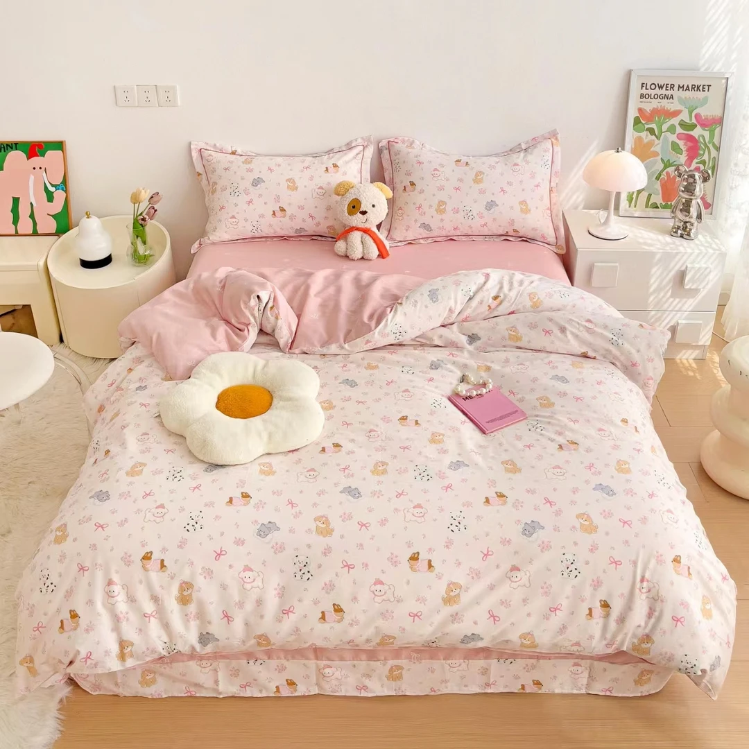 小玲子 碎花狗狗 全棉纯棉三件套四件套 印花工艺款 小清新可爱风