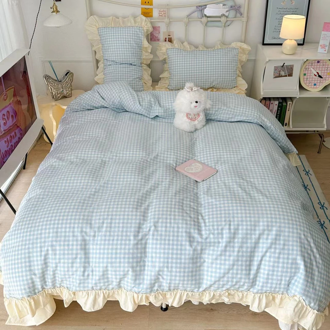 小玲子 茉香蓝格 全棉纯棉三件套四件套混搭花边款 少女心奶油风