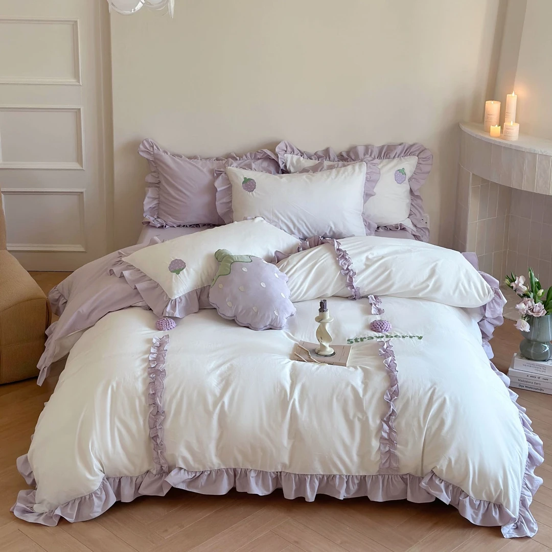 小玲子 芋泥啵啵 100%全棉水洗棉三件套四件套刺绣款小清新可爱风