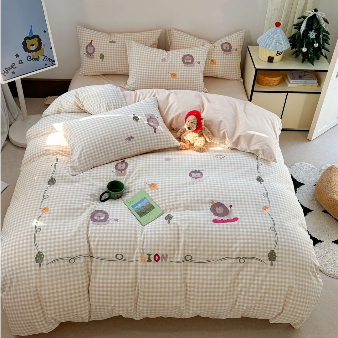 小玲子 小狮子 全棉水洗棉三件套四件套 刺绣工艺款 可爱卡通风