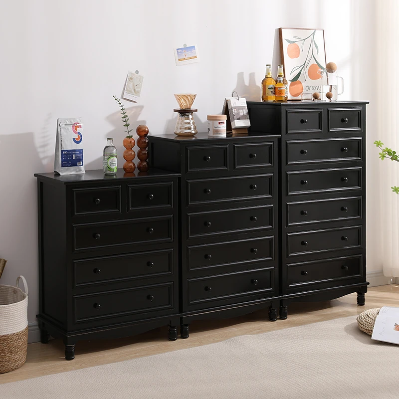 斗柜美式实木收纳储物柜客厅卧室靠墙小柜子现代高五斗柜黑色