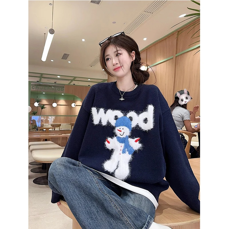 韩版重工刺绣雪人毛衣女2024秋冬新款软糯宽松显瘦慵懒风针织衫潮