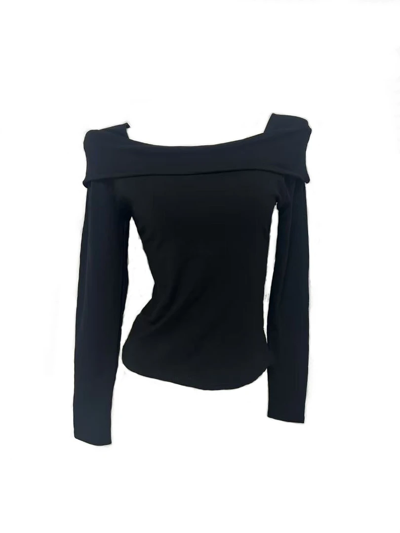 长袖露肩打底衫洋气斜肩毛衣内搭修身上衣绝美一字肩打底衫女