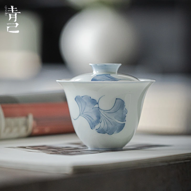 青己 玉泥薄胎手绘青花盖碗 功夫茶具新中式釉下彩三生有杏泡茶碗