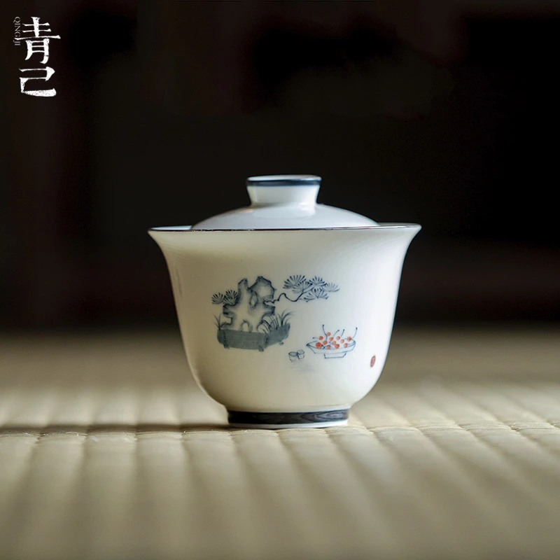 青己-玉瓷-盆栽松峰-华初盖碗青花手绘釉下彩大容量盖碗容量140ml