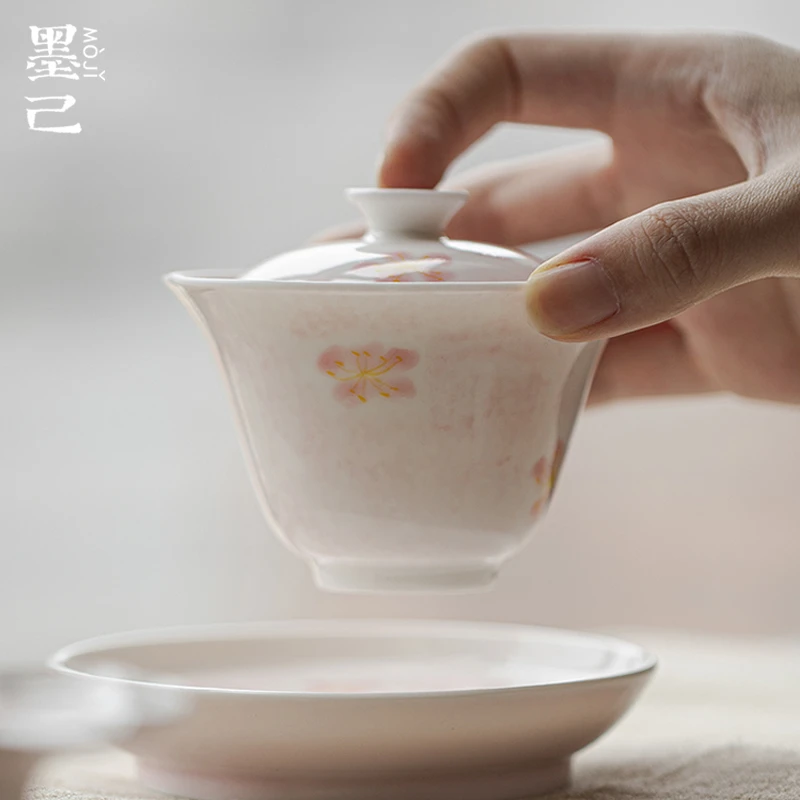 墨己 玉泥-染粉樱花-雅修盖碗