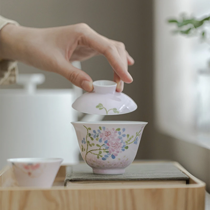 明知山志 杏粉花火流光慕言盖碗 陶瓷手绘家用盖碗功夫茶具泡茶碗