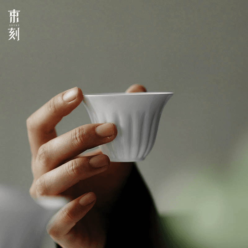 束刻 手工茶具素雅纸白釉瓜棱茶杯功夫茶具纯白品茗杯主人杯单杯