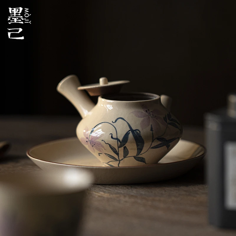 墨己化妆土侧把壶功夫茶具粗陶手绘百合花泡茶壶球孔过滤小壶
