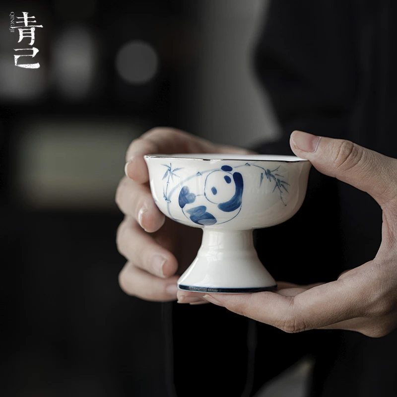 青己-玉瓷-熊猫戏竹-棠梨高足茶杯陶瓷单杯主人杯