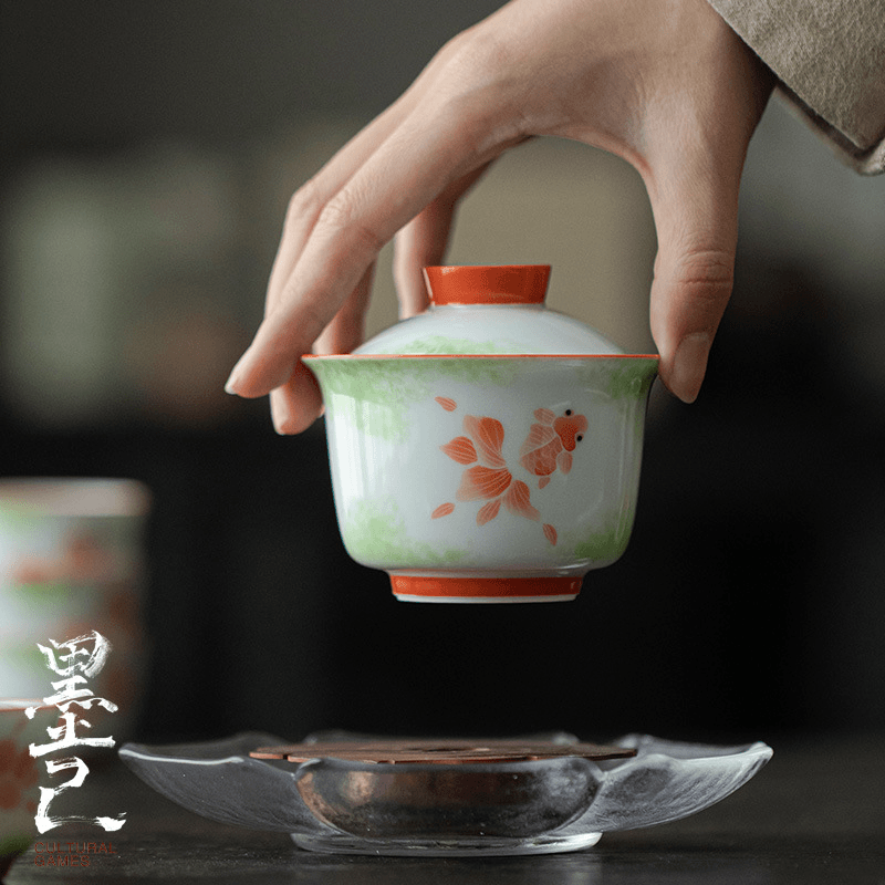 墨己 玉泥-惜玉盖碗-游鱼