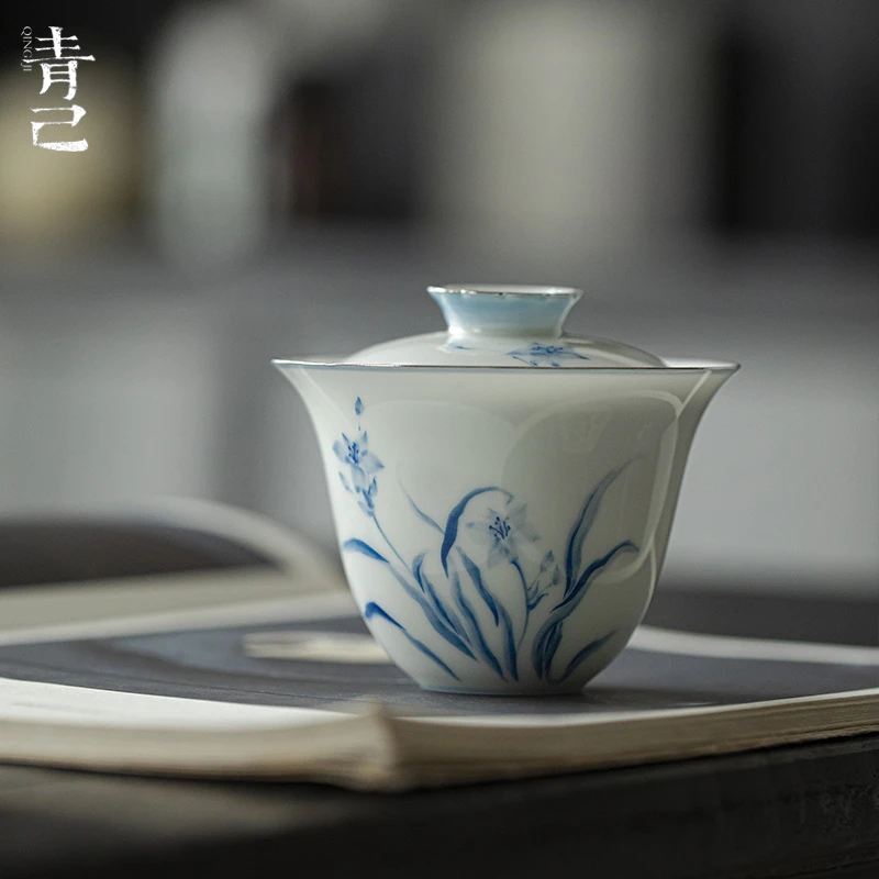 青己 薄胎家用手绘盖碗 功夫茶具陶瓷泡茶碗 新中式青花凌波仙子