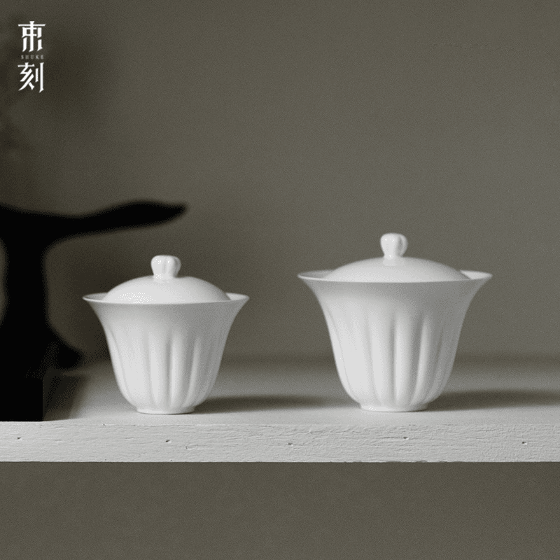 束刻 手工薄胎纸白釉瓜棱盖碗素雅纯色泡茶碗功夫茶具不烫手家用