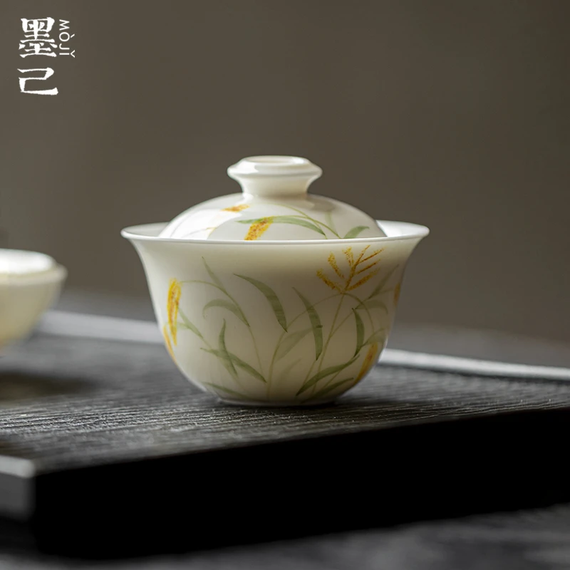 墨己 玉泥-绫罗盖碗-金穗摇曳陶瓷釉下彩