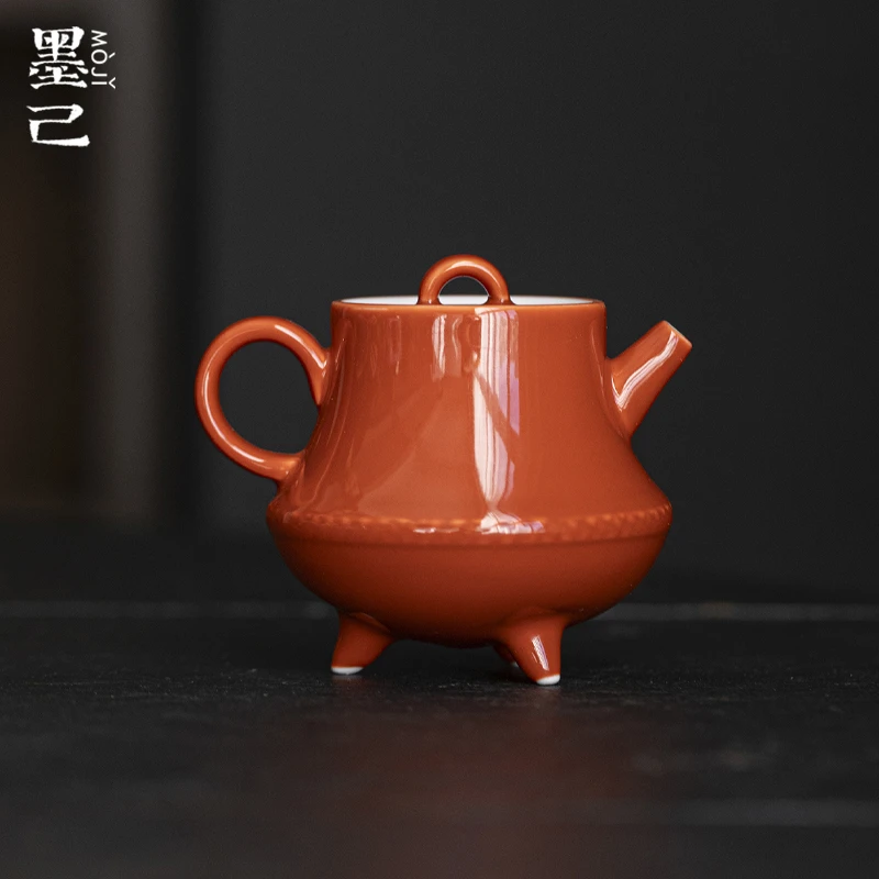 墨己 故宫红-松石绿-三足茶壶白瓷精工釉下彩中式陶瓷