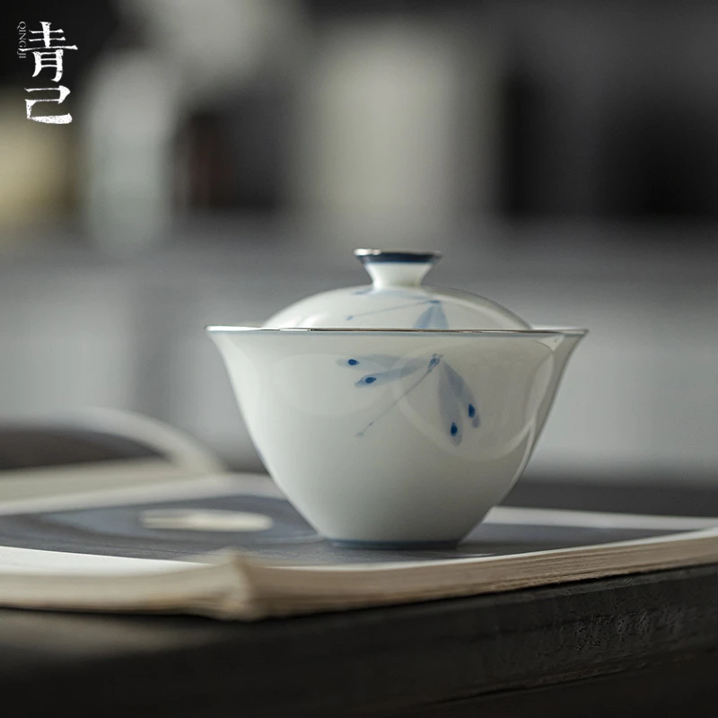 青己-玉瓷-蜻蜓-知隐盖碗中式陶瓷青花手绘釉下彩容量120ml
