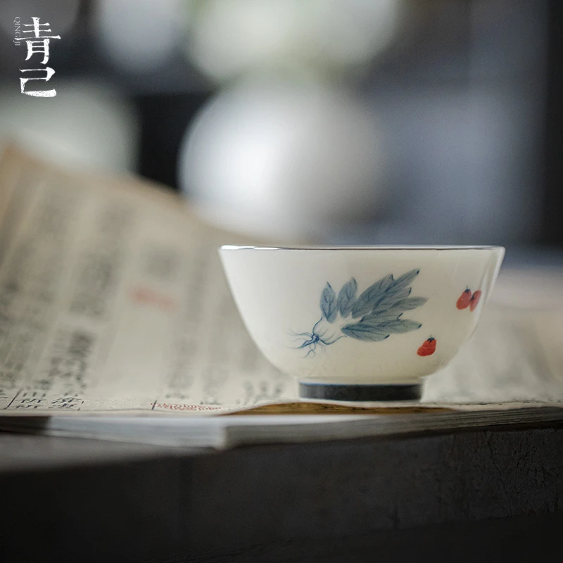 青己-玉瓷-百财好事-书怀主人杯青花手绘釉下彩家用茶杯容量80ml
