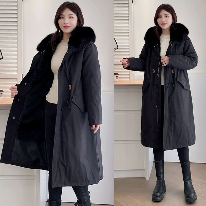 派克服女冬季中长款毛领棉衣可脱卸内胆加绒加厚保暖女装棉服大衣