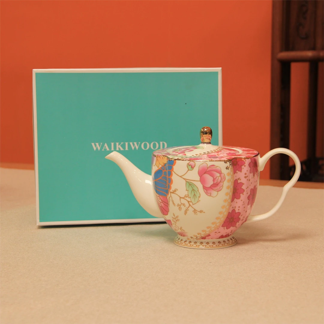 K314蝶恋花WAIKIWOOD粉玫瑰蝴蝶1L欧式家用骨瓷奶茶壶3609