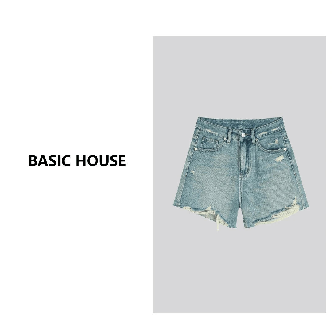 Basic House/百家好夏季后兜刺绣吊烂高腰街头牛仔短裤#L2012