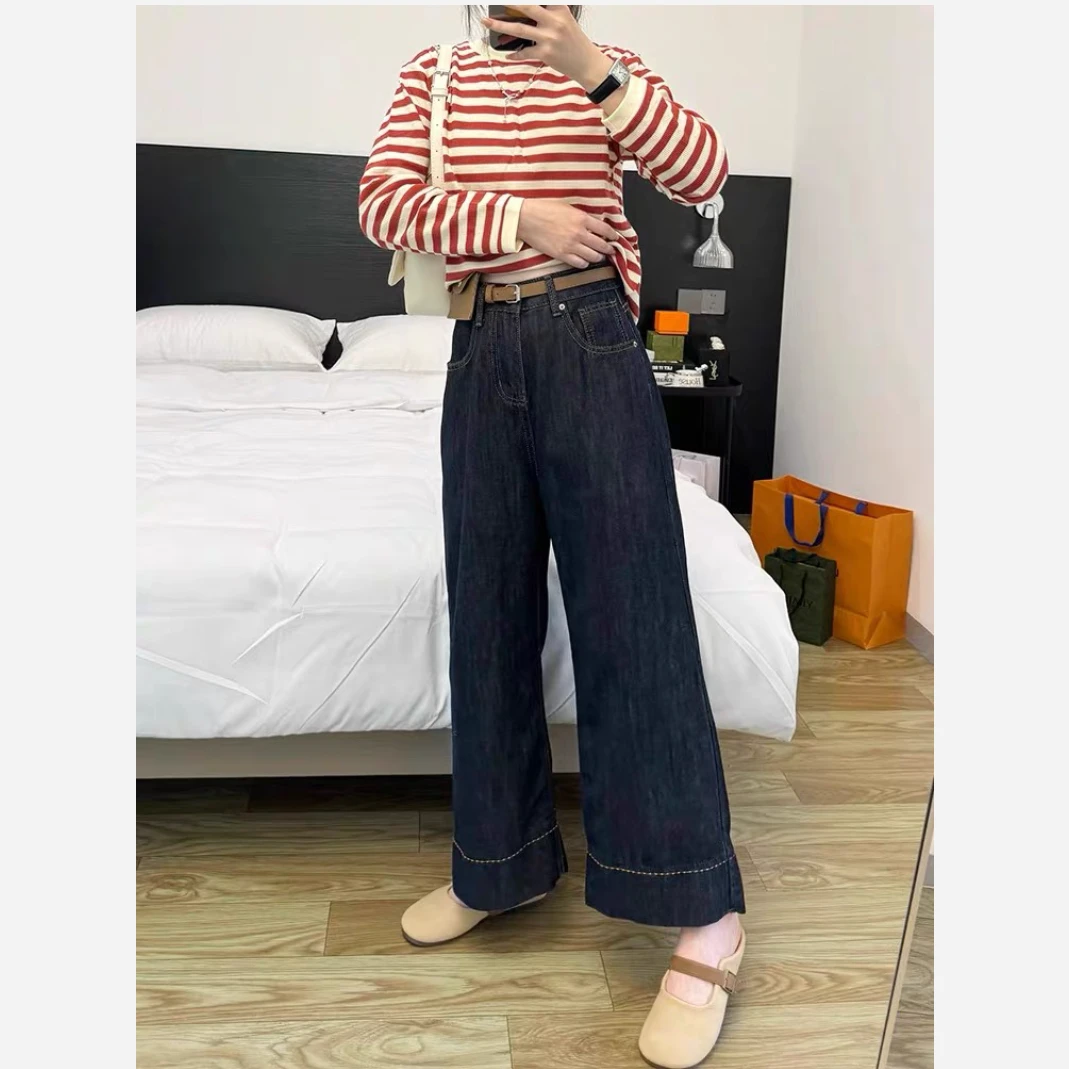 2024秋冬款深蓝色直筒牛仔裤女大码梨形身材高腰胖mm显廋阔腿裤潮