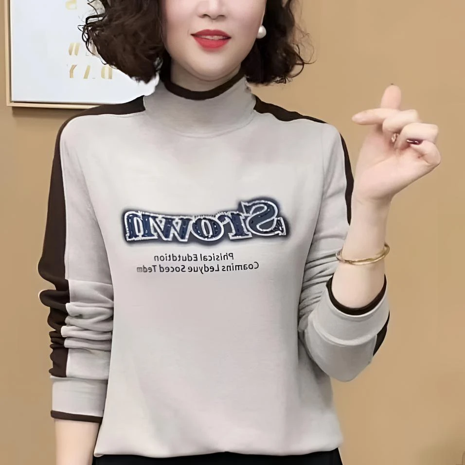 【厂家直销】秋冬新款时尚洋气百搭半高领气质字母长袖打底衫女上衣