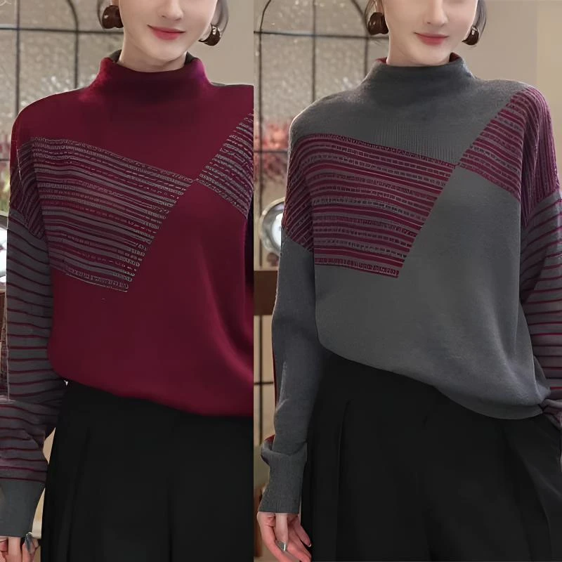 【双面穿】秋冬新款堆堆高领时尚毛衣拼色韩版宽松针织打底衫内搭女