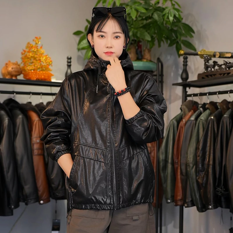 海宁男士真皮油蜡小牛皮连帽落肩蝙蝠袖皮夹克宽松阔版休闲外套男