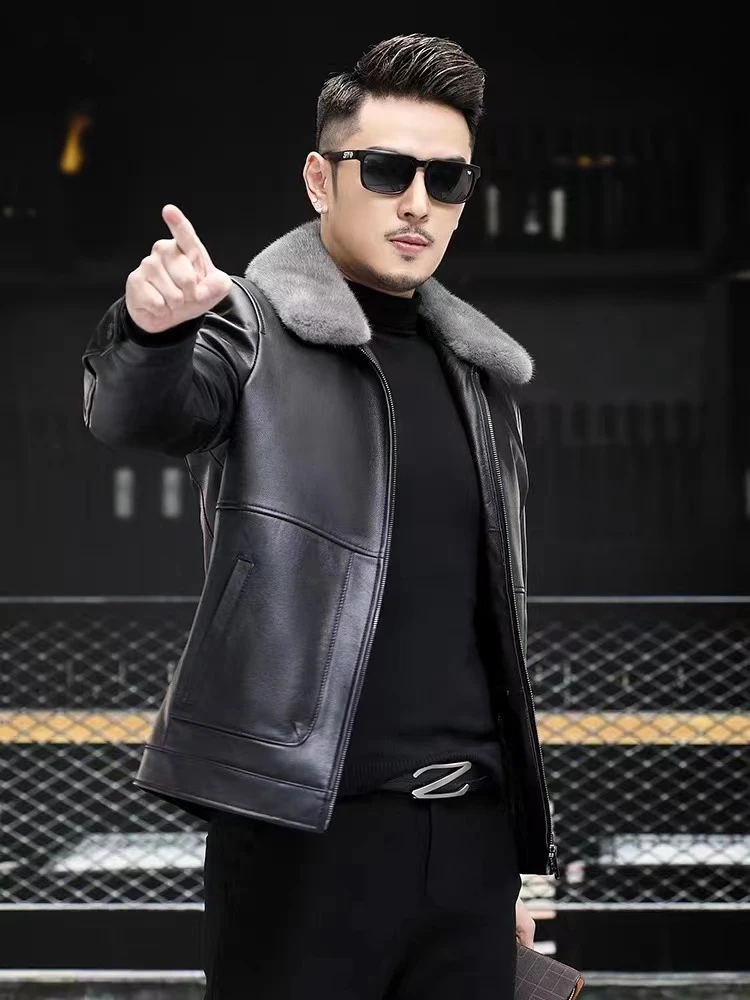 冬季新款海宁真皮皮衣男水貂内胆头层牛皮鹅绒服夹克爸爸真皮外套