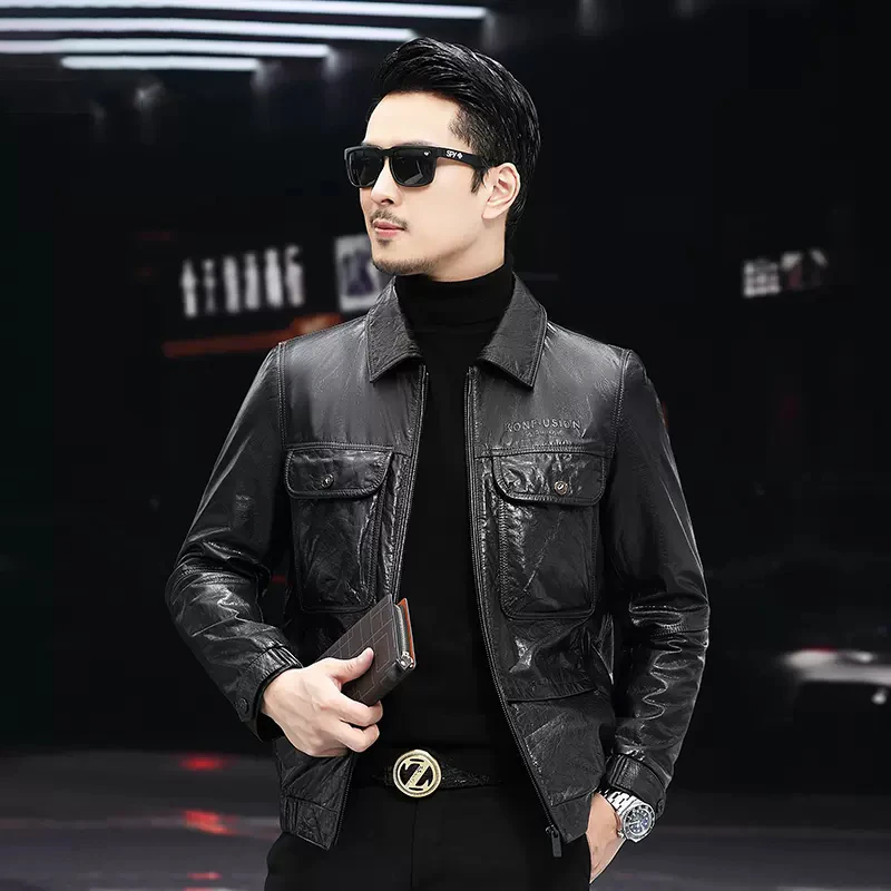 【厂家直销】海宁真皮皮衣男士头层牛皮翻领休闲皮夹克修身薄款外套