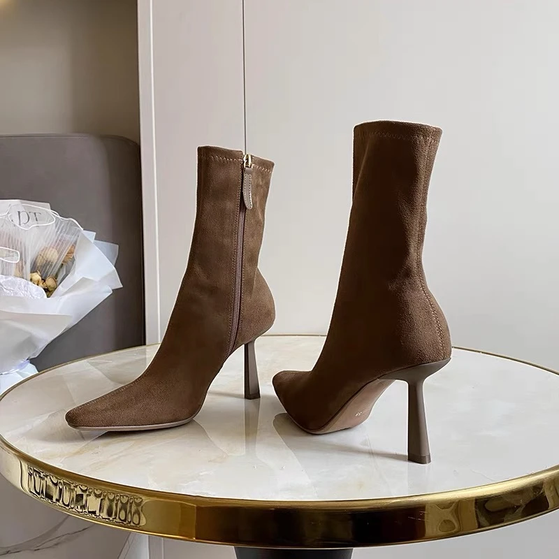 高跟短靴2025秋季新款小方头中筒瘦瘦靴细跟羊皮拉链绒面弹力靴女