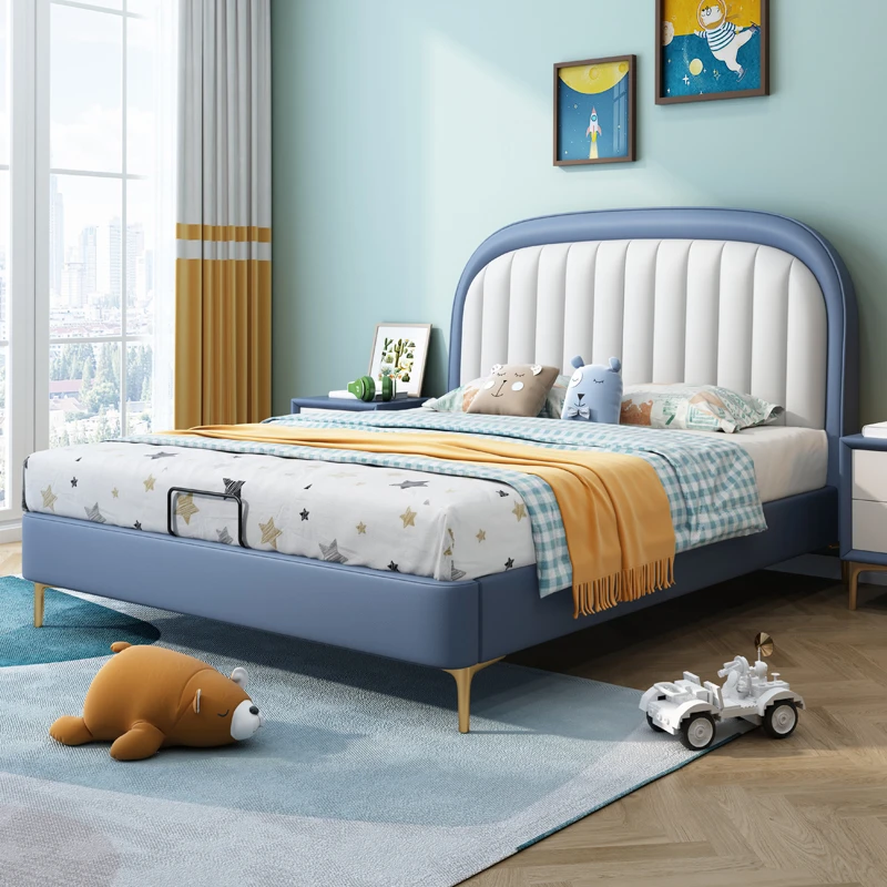 小户型1.5米儿童真皮床男孩卧室1.2单双人床青少年现代简约实木床