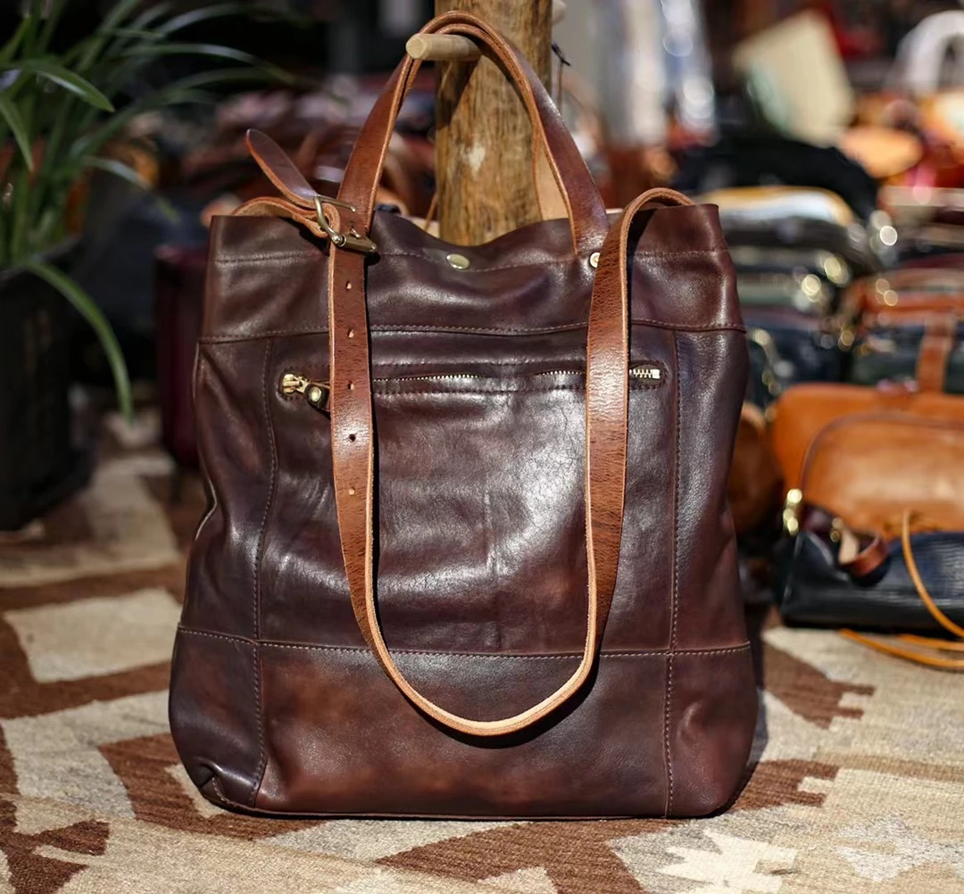 高档轻奢手工做旧马皮女士托特包休闲风日常搭配铜五金职场文件包