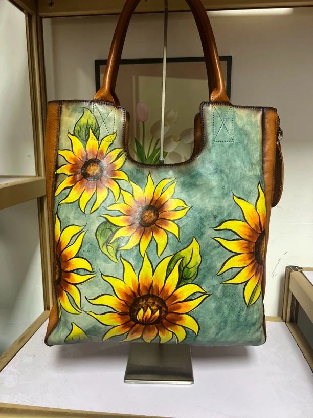 馨馨家  小众原创手绘头层牛皮手提单肩斜挎手工枕头包波士顿复古