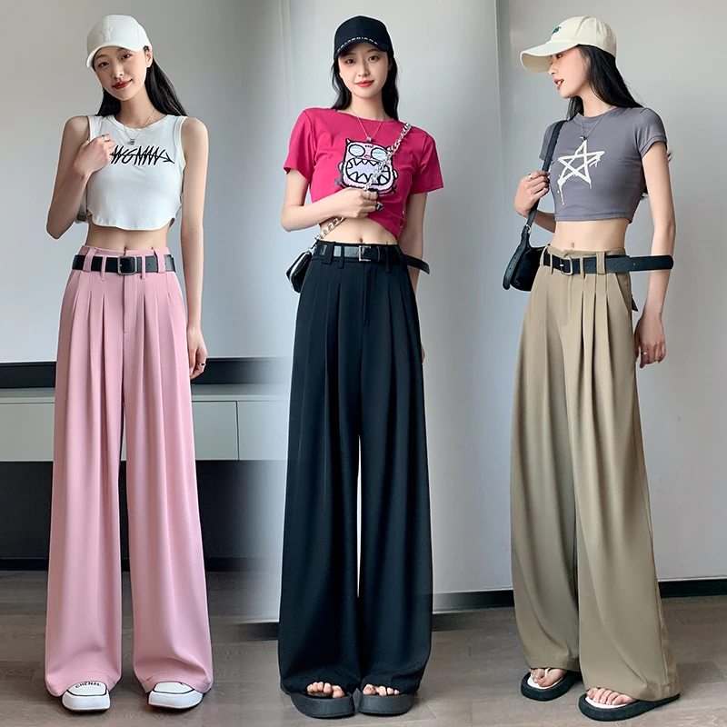 夏季卡其色微喇阔腿腰带西装裤女高级垂坠感休闲高腰遮胯拖地长裤