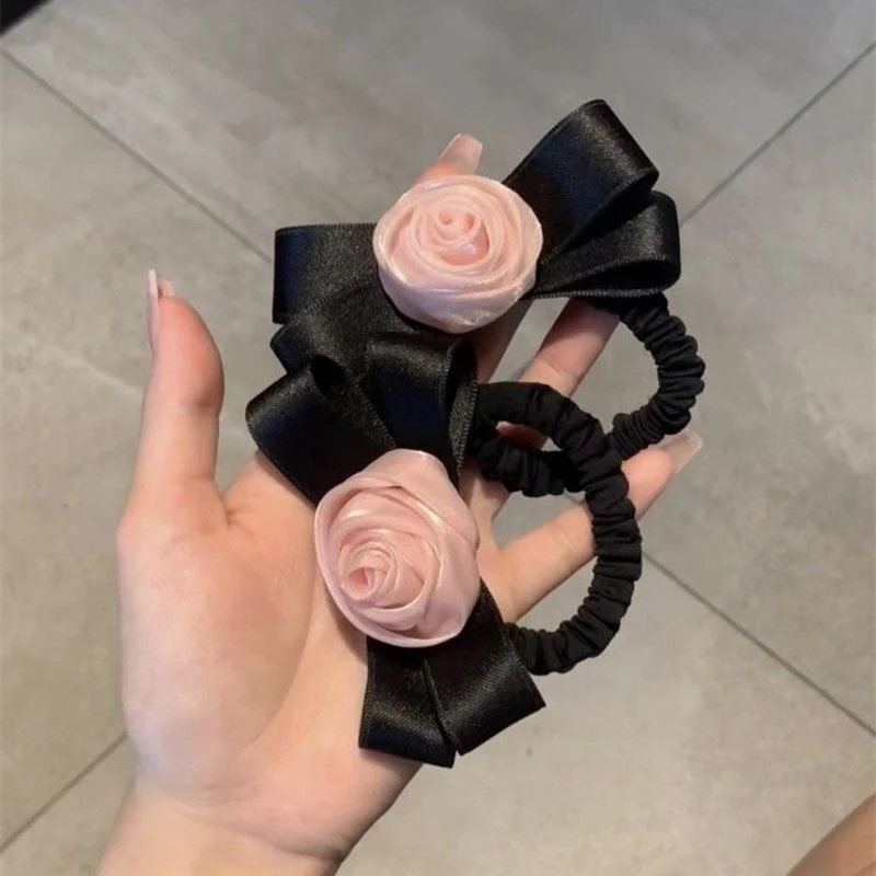 法式复古粉色玫瑰发圈女弹力皮筋皮绳气质小香风绑发绳双马尾发饰