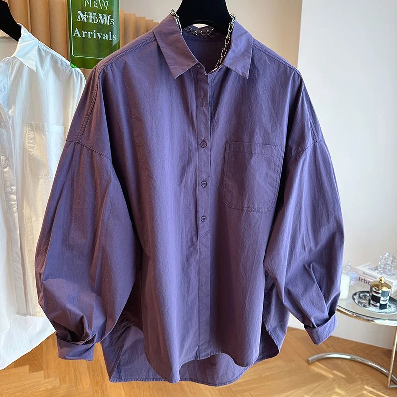 2023新款小众设计气质高级感紫色衬衫女早秋宽松休闲长袖纯棉上衣