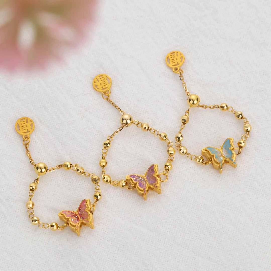 【来福】18k金烧蓝爆闪蝴蝶福字提溜可抽拉调节饰品配件